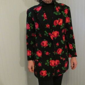 Vintage Black Velvet Jacket with Rose Pattern, Size M